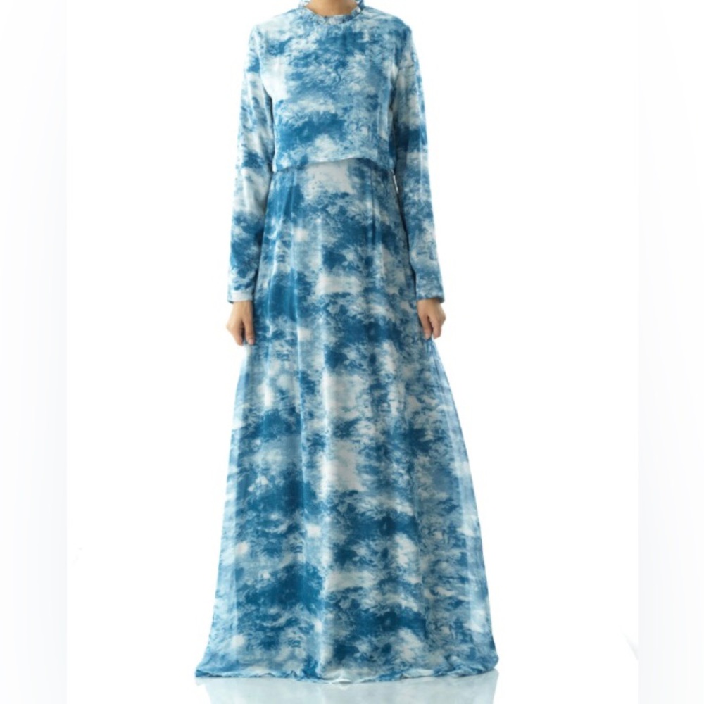 Kabayare Cloud 9 print tie dye chiffon Bishop Sleeve Maxi Dress size medium